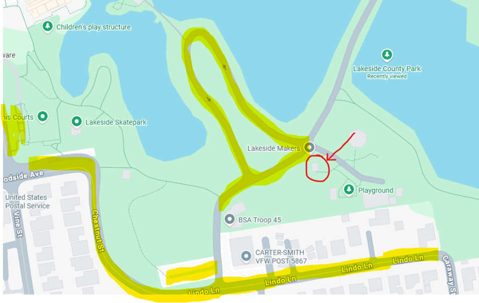 Map showing the party location with the gazebo circled in red and parking highlighted in yellow.